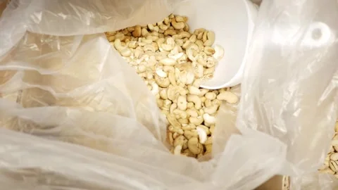 Storing various nuts in a store warehouse. Almonds, pistachios, cashews in a box Stock Footage 268401106