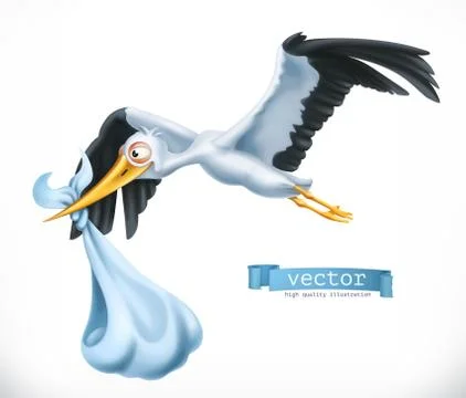 Stork brings a child. 3d vector icon Stock Illustration