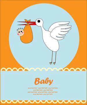 A stork carries a child in the clouds. Stock Illustration