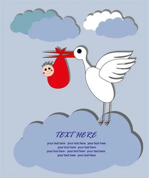A stork carries a child in the clouds. Stock Illustration