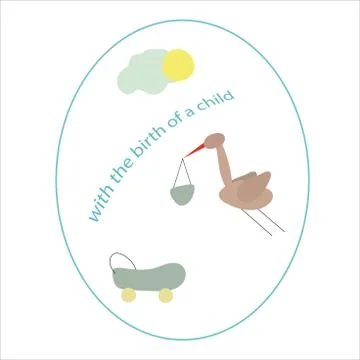 Stork with a child in its beak, spring. Happy Birthday. News. Vector drawing. Ilustración de archivo