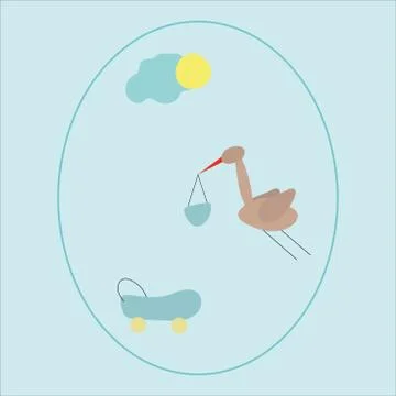 Stork with a child in its beak, spring. Happy Birthday. News. Vector drawing. Stock Illustration
