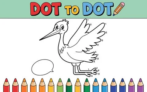 Stork dot to dot activity with colorful pencils bird Stock Illustration
