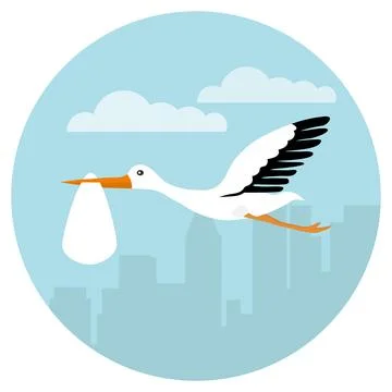 Stork flying with baby bundle in blue sky over city skyline circular icon Stock Illustration