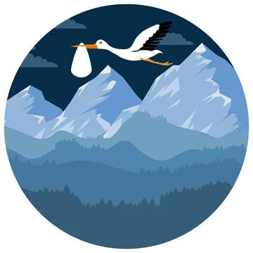 Stork flying with baby bundle over snowy mountains at night circular icon v.. Ilustração Stock