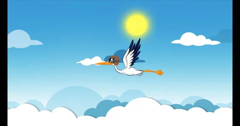 Stork flying during day with a shining sun in the baby blue sky background Stock Footage 204945683