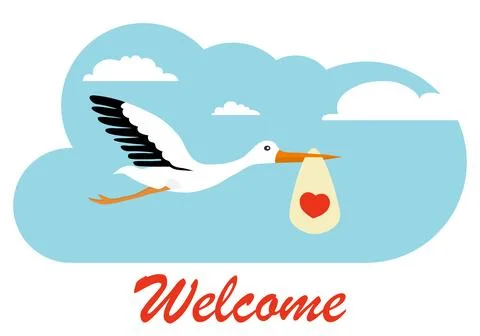 Stork flying with heart bundle and welcome text on blue sky background Stock Illustration