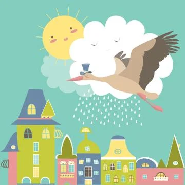 Stork is flying in the sky Stock Illustration