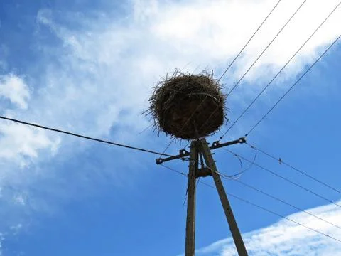 Stork Nest at a Background of Clouds on the Sky Stock Photos