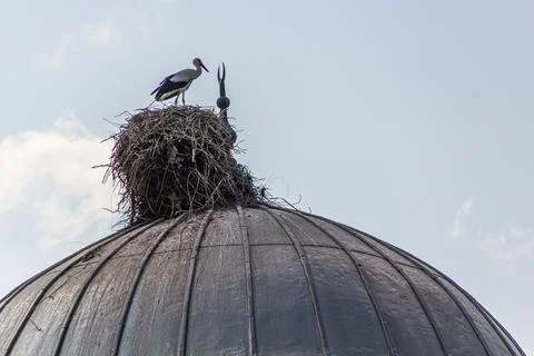 Stork nest on Haci Hacer Cami mosque in Igdir, Turkey Stock Photos