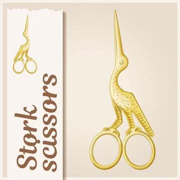 Stork scissors golden colored vector icon, sewing bird scissors cartoon 스톡 일러스트