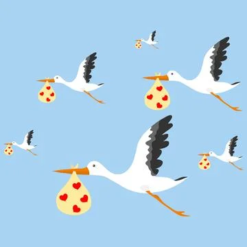 Stork, a set of flying storks with packages of children against a blue sky. Stock Illustration