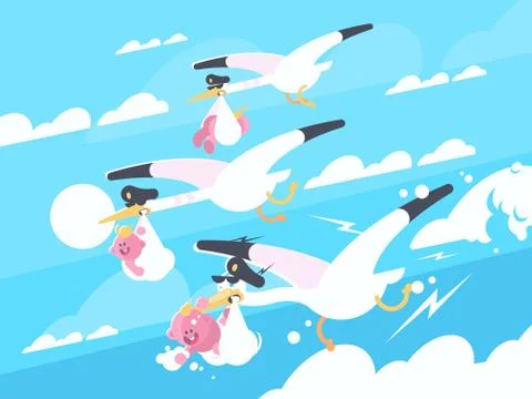 Storks carry babies in beaks Stock Illustration