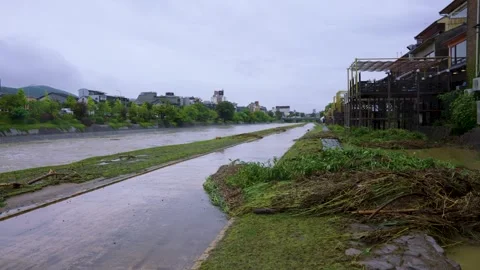 Storm and Flood Debris on Kamo Riverside After Typhoon Damage, Japan Stock Footage 340780053