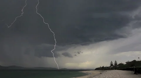 Storm and Rain with lightning over beach Stock Footage 40737430