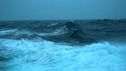 Storm ay sea. Side view from ship low on water. High waves and splashes. Wind Stock Footage 270824617