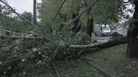 The storm caused severe damage to electric poles falling tilt. Stock Footage 73737584