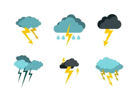 Storm cloud bolt icon set, flat style Illustrazione stock