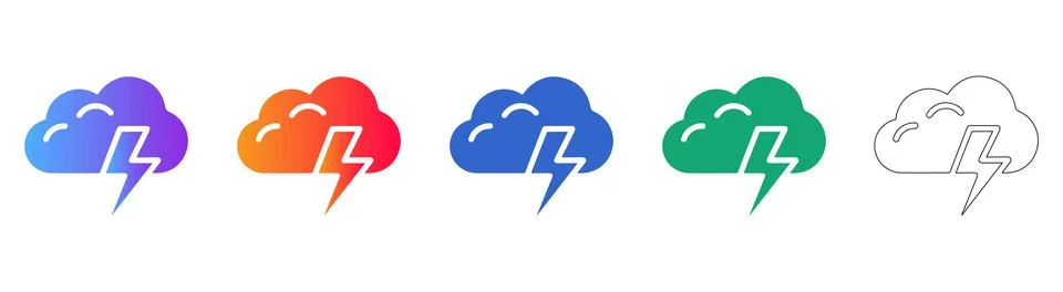 Storm Cloud Icons with Lightning in Gradient, Solid Colors, and Outline Stock Illustration