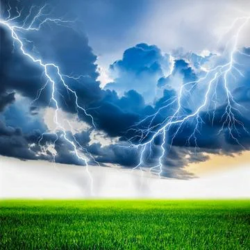A storm cloud with lightning bolts and a field of grass. Stock Illustration
