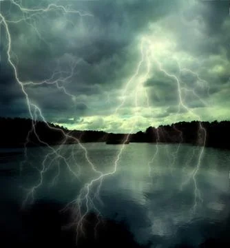 Storm cloud with lightning on the forest lake. Stock Photos