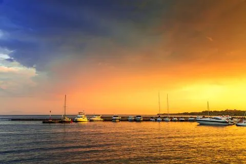 Storm clouds and rain over the yacht marina Stock-Fotos