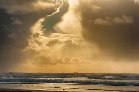 Storm clouds block the sunlight on Oregon beach Stock Photos