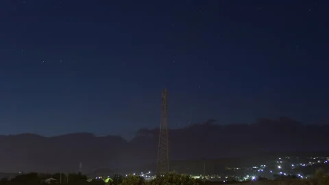 Storm Clouds, Bolts Lightning And Starry Sky Over Transmission Tower Time Lapse Vídeo Stock 146315767