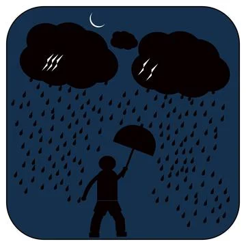 Storm clouds bring heavy rain as person holds umbrella at night Stock Illustration