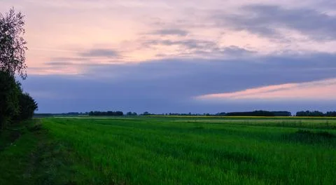 Storm clouds comming over fields in springtime sunset, Podlaskie Voivodeship, Stock Photos