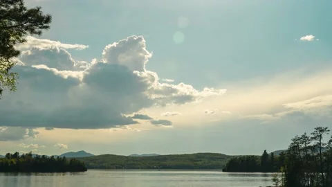 Storm Clouds forming over new England lake with boats and water sports Stock Footage 194716782