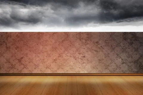 Storm clouds hovering above textured plaster wall over polished hardwood floor Stock Illustration
