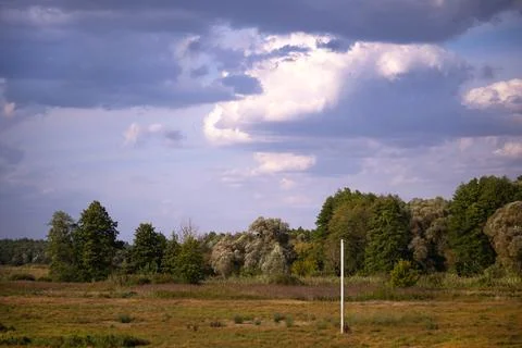 Storm clouds hung over the forest, wild field and power line. Stock Photos