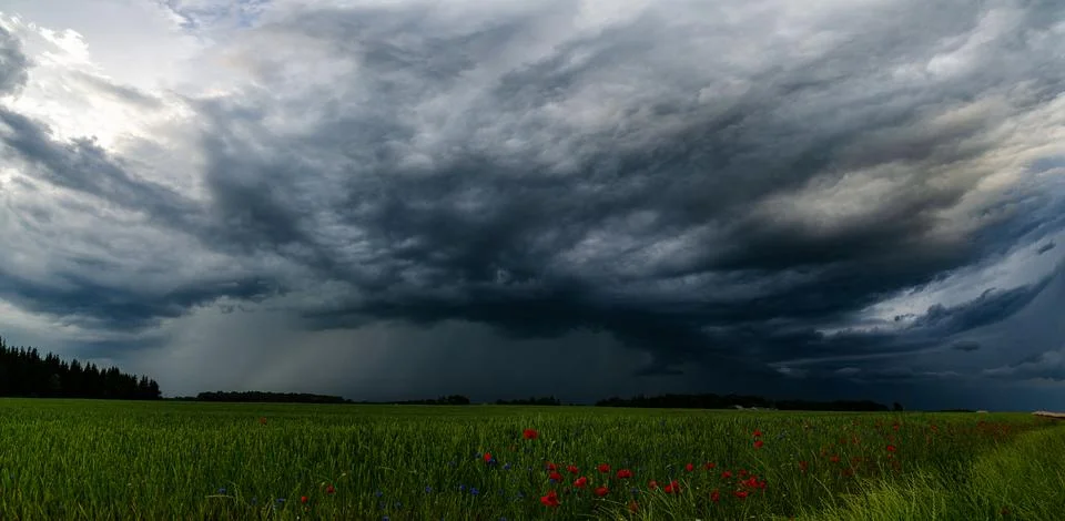Storm clouds over field, tornadic supercell, extreme weather, dangerous storm Foto stock