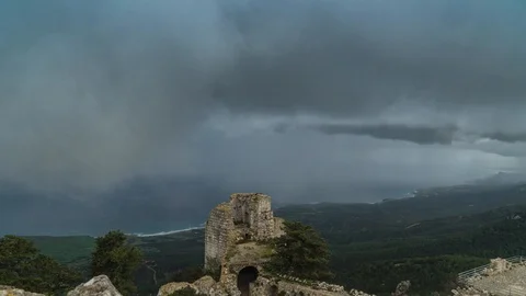 Storm clouds over over the sea and the medieval fortress Stock Footage 123201793