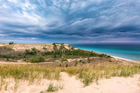 Storm Clouds Over Sleeping Bear Dunes and Lake Michigan, USA Stock Photos