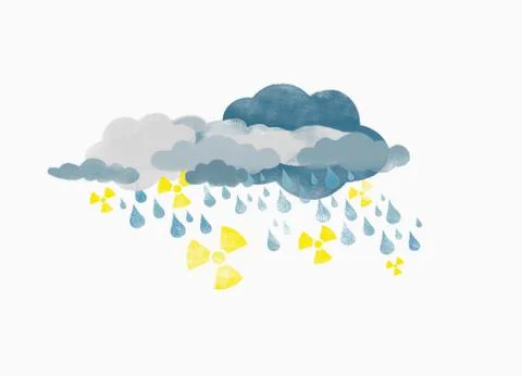 Storm clouds raining drops of water and radioactive symbols, illustration Stock Illustration