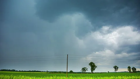 Storm clouds rolling in over a grass field with trees and a powerline, timelapse Stock Footage 300209414