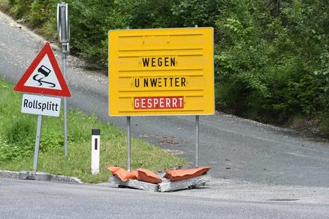 A storm damage warning sign Stock Photos