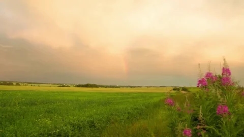 A storm during sunset, the appearance of a rainbow. Time laps landscape Stock Footage 80779227