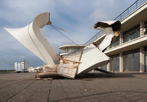 Storm Eunice has damaged architecture at iconic art deco  De La Warr Pavilion Stock Photos