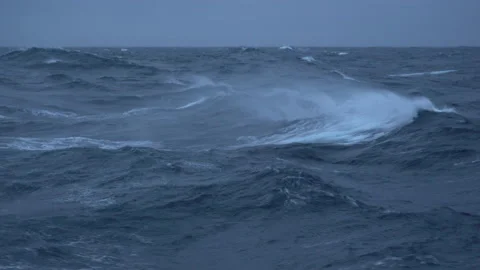Storm. High waves. White foam on wind. Side view low on water. Wind breaks waves 스톡 동영상 193995168