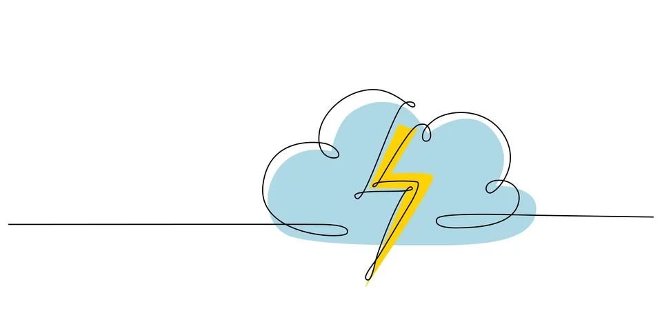 Storm, lightning and cloud - hand drawing one single continuous line banner Illustrazione stock