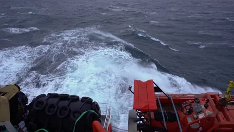 Storm. Ocean. Vessel. View from deck. Fender, rescue boat on ship. Strong Stock Footage 204153506