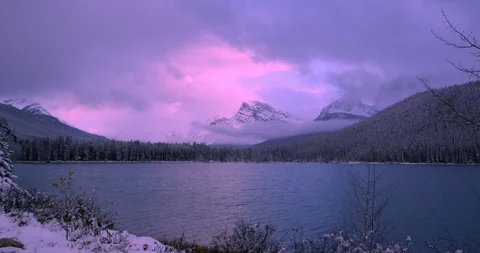 Storm passing over Saskatchewan River, Banff National Park, Alberta Stock Footage 85589290