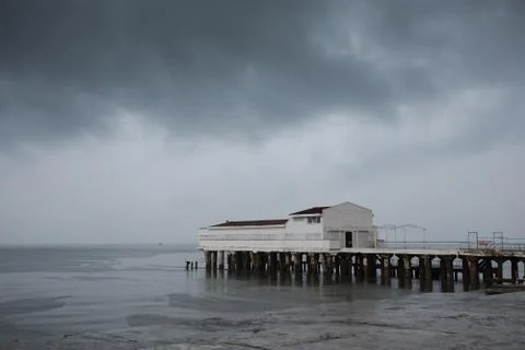 Storm at the pier on the sea, thundercloud Stock Photos