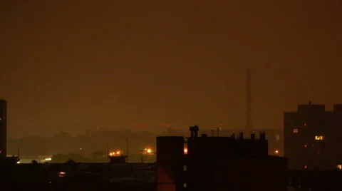 Storm rain and lightning flash over industrial city district Stock Footage 45383932