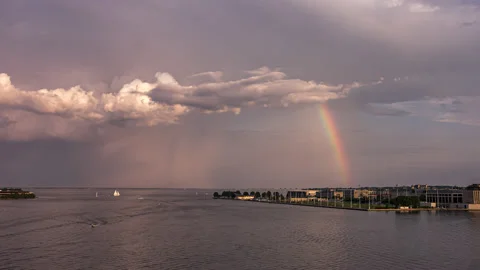 Storm into a rainbow on the Chesapeake Bay Video stock 137775366