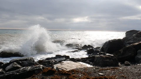 Storm. Rocky shore. Sea waves wash the rocky shore. Stones in the sea. Stock Footage