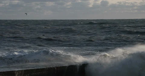Storm at sea. High Wind Driven Waves, high tide (slow motion) Stock Footage 96386147